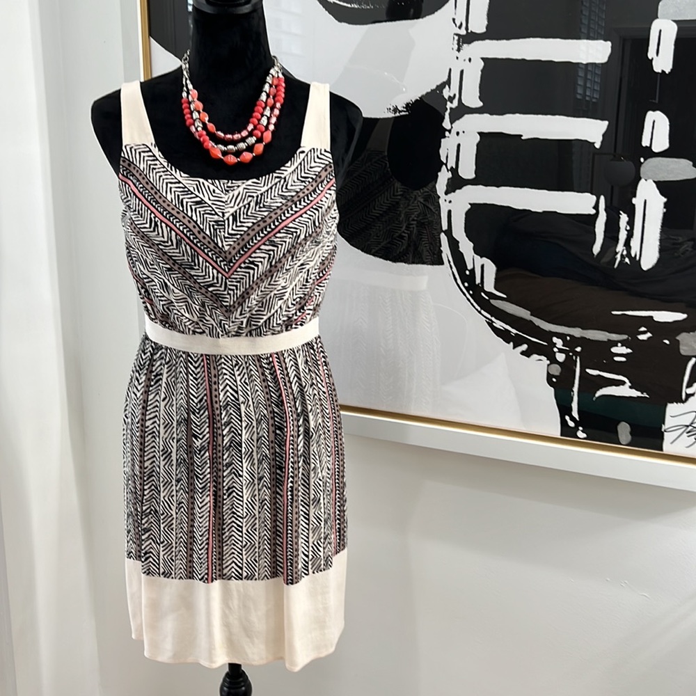 Loft Cream and Black Tribal Design Dress, Size 2